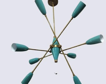 Mid Century Modern Sputnik Kronleuchter: 8-flammiger Messing & blauer Anhänger, Innenbeleuchtung