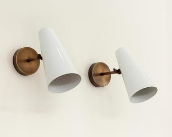 Mid Century Modern Wall Sconce: White Cone Lamp with Brass Finish