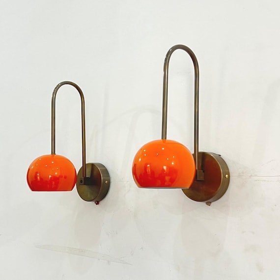 Mid Century Modern Brass Wall Sconces: Orange Dome Lamps - Set of 2