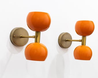 Mid Century Modern Wall Sconce: Double Globe Lamp with Brass Accent