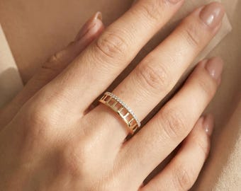 モアッサナイト ダイヤモンド 14K ゴールド ブリッジリング 幅広バンド 幾何学模様