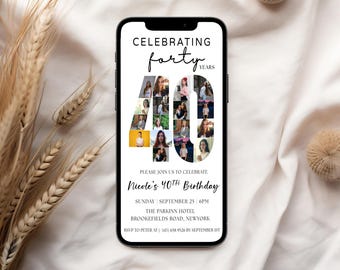 40th Birthday Invitation Template, Photo Collage Evite (Digital Download)