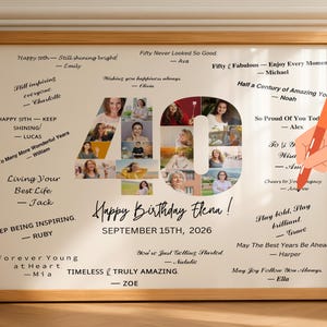 May include: A framed, personalized birthday photo collage. The collage features a large number "40" filled with photos, surrounded by handwritten messages and names. The frame is a light brown color, and the text includes "Happy Birthday Elena!" and the date.