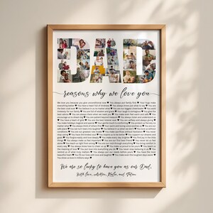 May include: A framed print with the word "DAD" in large letters, filled with family photos. Below, the text "reasons why we love you" is written in cursive. The print is a heartfelt gift, perfect for Father's Day or any occasion.