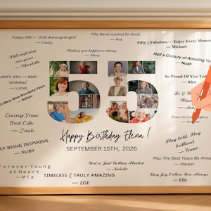 May include: A framed print with a wooden frame. The print features a collage of photos forming the number 50, with text around the number. The text includes birthday wishes and names, with "Happy Birthday Elena!" at the bottom.