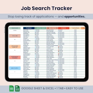 May include: A digital job search tracker displayed on a tablet. The spreadsheet-style layout organizes job applications, with columns for company, role, status, and date applied. The text reads "Job Search Tracker" and "Stop losing track of applications - and opportunities."