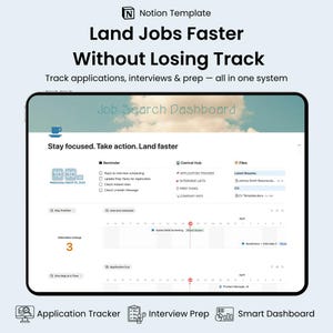 May include: A digital job search dashboard on a tablet. The screen displays a job search dashboard with the text "Land Jobs Faster Without Losing Track." Features include an application tracker, interview prep, and a smart dashboard. The interface is clean and modern.