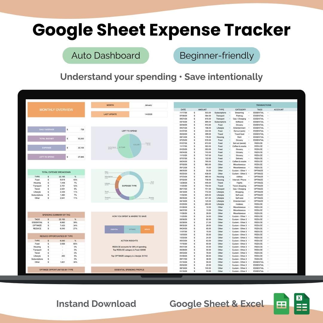 Simple Monthly Expense Tracker for Google Sheets | Monthly Budget ...