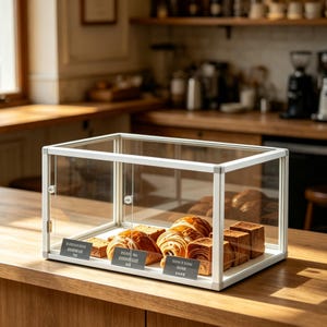 May include: A white and glass display case filled with baked goods, including croissants and pastries. The case sits on a wooden counter, with small signs in front of the baked goods. The background shows a kitchen setting.