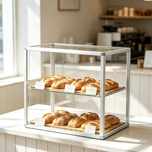 May include: A glass display case with two shelves filled with loaves of bread. The bread is golden brown with a textured crust. The display case has a silver frame and is sitting on a white surface.
