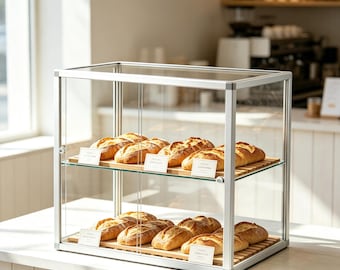 Vitrina de acrílico transparente para pan, expositor de pastelería para mostrador de cafetería, patas de metal.