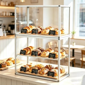 Op de afbeelding: Een displaykast met drie niveaus gevuld met diverse bakkerijproducten, waaronder croissants en broden. De heldere glazen kast heeft een zilveren frame en houten planken. Kleine schoolbordborden identificeren elk item.
