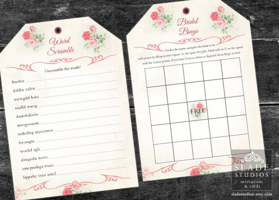 Download today 4 Tea bag shaped Bridal Tea Games with swing tag printable Australian UK version. Pink Floral Bridal Shower Games Set