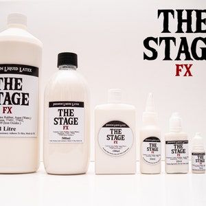 May include: Five bottles of The Stage FX Premium Liquid Latex in various sizes: 1 liter, 500 ml, 100 ml, 50 ml, and 30 ml. The bottles are white and have black labels with the product name and size.