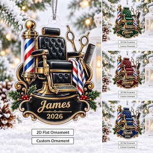 Julgransprydnad för barberstol 2026, Anpassat namn med barberstång och sax, 2D platt akrylminne, Gåva till barbershopägare