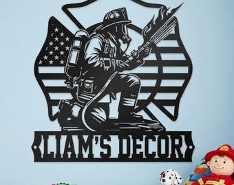 Decorazione murale personalizzata per vigili del fuoco, regalo di compleanno personalizzato per lui, insegna in metallo patriottica da appendere al muro, ricordo commemorativo per i vigili del fuoco, regalo di inaugurazione della casa