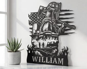 Gepersonaliseerde brandweerman metalen bord, kunst aan de muur Amerikaanse vlag, aangepast decor familienaam, cadeau huis veteraan