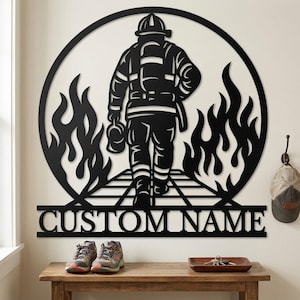 Personalized Firefighter Metal Wall Art, Custom Flame Fireman Sign, Personalized veteran retirement gift, Heroic Home Decor Wall Art
