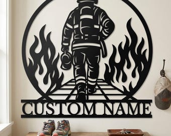 Personalized Firefighter Metal Wall Art, Custom Flame Fireman Sign, Personalized veteran retirement gift, Heroic Home Decor Wall Art
