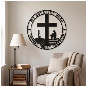 Letrero metálico personalizado en memoria de un soldado, Cruz de pared "Mi mayor héroe", Homenaje personalizado a un veterano, Decoración militar religiosa, Regalo de recuerdo