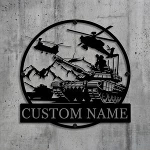 Targa in metallo personalizzata per carro armato, decorazione murale con elicottero militare, arredamento tattico personalizzato per la tana dell'uomo, targa dell'esercito, regalo per veterano, arte di macchina da guerra