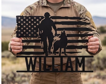 Personalisierte Metall K9 Polizeihund Wandkunst, kundenspezifisches Soldaten- und Flaggennamenschild, Vaterländischer Held-Hauptdekor, Militärdienstgeschenk