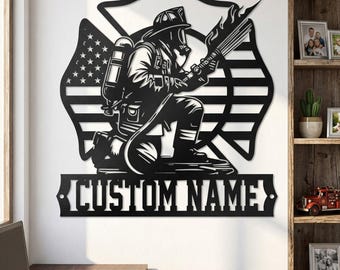 personalized firefighter metal wall art, custom entryway decor porch decor, kneeling fireman shield sign, gifts for him dad
