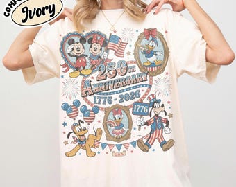 Retro Comfort Color Mickey And Friends US 250th Years Signature Shirt, Disney 250th America Anniversary T-Shirt, Independence Day Tee