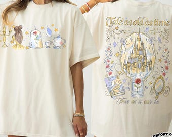 Comfort Colors® vintage aquarel shirt Disney belle prinses, Belle en het beest Coquette Bow-shirt, verhaal zo oud als de tijd Magic Kingdom-shirt