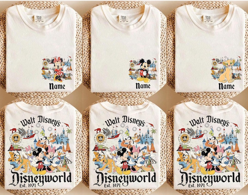 May include: Off-white t-shirts featuring Disney characters. Some shirts have a small graphic with Minnie Mouse, Mickey Mouse, or Simba. Other shirts display a larger graphic with multiple characters and the text "Walt Disney's Disneyworld Est. 1971."