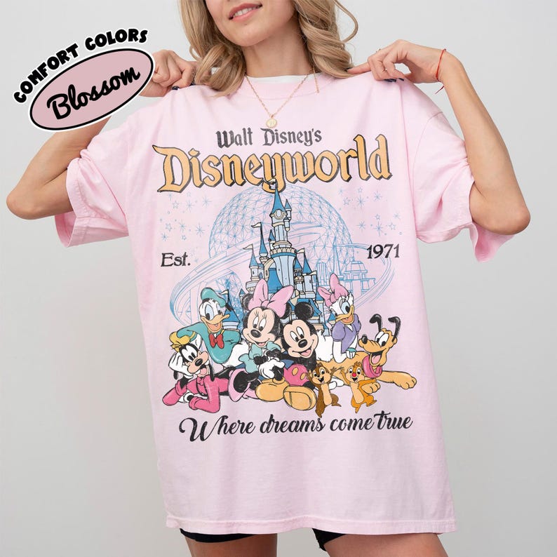 Comfort Colors® Retro Mickey And Friends Disneyworld Shirt, Disneyworld Est 1971 Shirt, Disney Family Vacation 2026 Tee, Walt Disney World Blossom/Light Pink