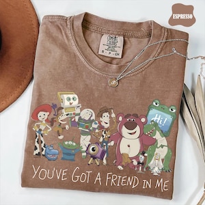 May include: A brown short-sleeved t-shirt featuring a graphic print of various animated characters from the Toy Story franchise. The text "YOU'VE GOT A FRIEND IN ME" is printed in white at the bottom. The shirt has a Comfort Colors brand label.