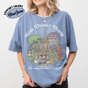 Comfort Colors Walt Disney World Retro Shirt, Mickey & Friends Tee with Mickey Balloon, Disney EPCOT 1982, Magic Kingdom Disney Vacation Tee Blue Jean/Caronila