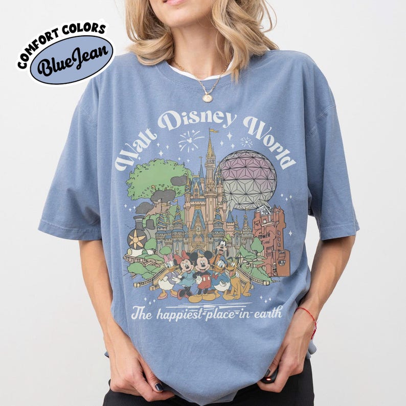 Comfort Colors Walt Disney World Retro Shirt, Mickey & Friends Tee with Mickey Balloon, Disney EPCOT 1982, Magic Kingdom Disney Vacation Tee Blue Jean/Caronila