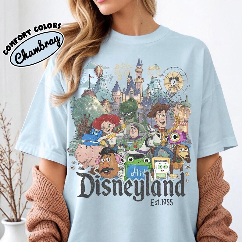 Vintage Disneyland Toy Story Comfort Colors Shirt, Retro 90s Woody and Buzz Tee, Disney Pixar Trip Shirt, Family Vacation Disney Matching Chambray/Light Blue