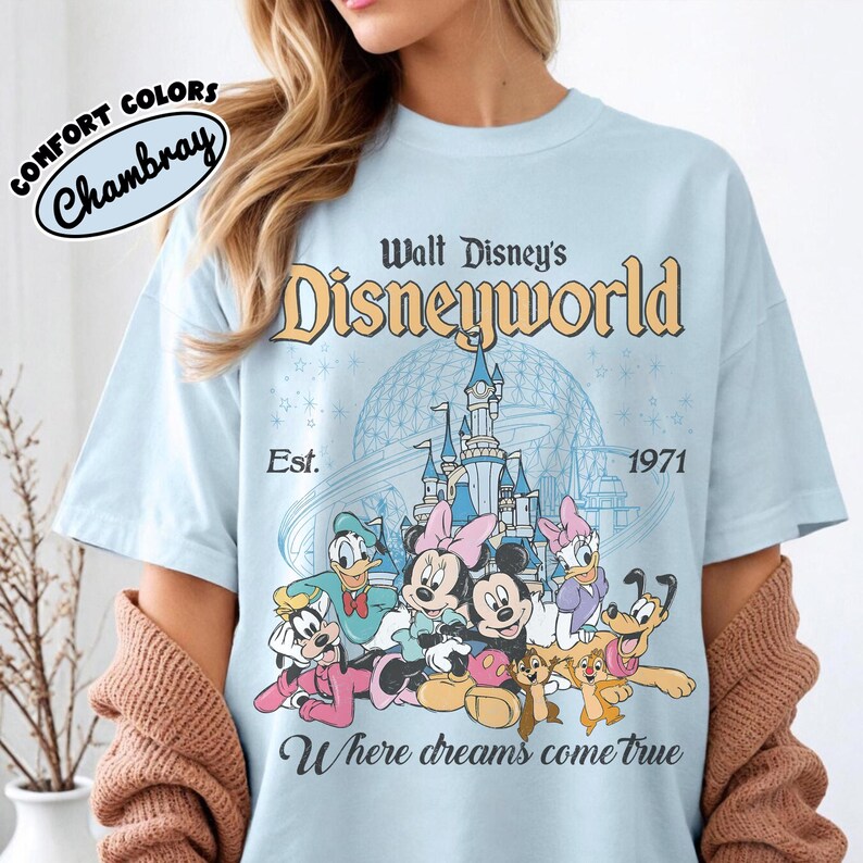Comfort Colors® Retro Mickey And Friends Disneyworld Shirt, Disneyworld Est 1971 Shirt, Disney Family Vacation 2026 Tee, Walt Disney World Chambray/Light Blue