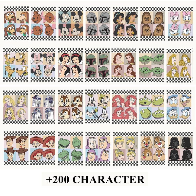 May include: A sheet of stickers featuring various cartoon characters, including Disney princesses, Star Wars characters, and classic cartoon figures. The stickers are arranged in rows and columns with a checkered border. The text "+200 CHARACTER" is at the bottom.