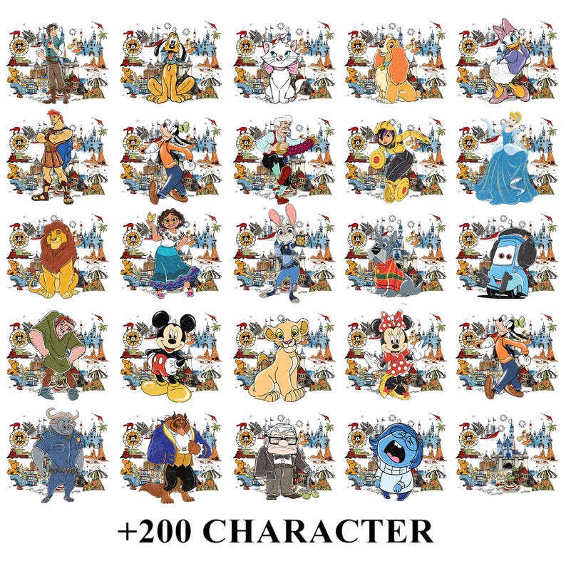 Peut inclure: Une collection d'illustrations color&eacute;es de personnages Disney, dont Mickey Mouse, Simba et Cendrillon, sur fond de paysage urbain et de grande roue. Le texte "+200 CHARACTER" est en bas.