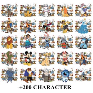 May include: A collection of colorful Disney character illustrations, including Mickey Mouse, Simba, and Cinderella, set against a background of a cityscape and a Ferris wheel. The text "+200 CHARACTER" is at the bottom.
