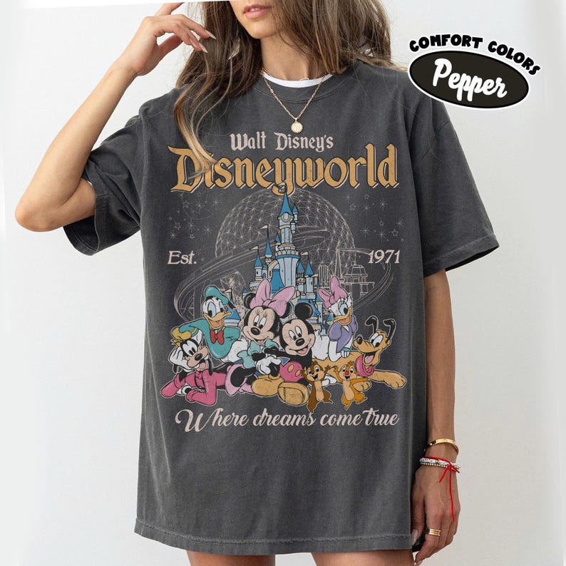 Comfort Colors® Retro Mickey And Friends Disneyworld Shirt, Disneyworld Est 1971 Shirt, Disney Family Vacation 2026 Tee, Walt Disney World Pepper/Dark Heather