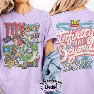 Pode incluir: Uma t-shirt roxo-claro com gr&aacute;ficos de Toy Story. A frente mostra Woody, Buzz Lightyear, Rex e outras personagens com o texto Toy Story Since 1995. As costas apresentam o texto To Infinity And Beyond Est. 1995 com um log&oacute;tipo Toy Story.