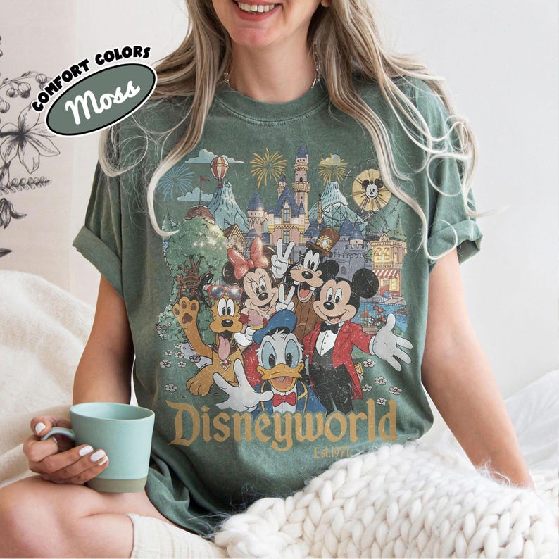 Vintage Mickey Friends Disneyworld Comfort Colors® Shirt, Retro Walt Disneyworld Tee, Disney Family Vacation Trip 2026, Disney Kids Shirt Moss/Military Green