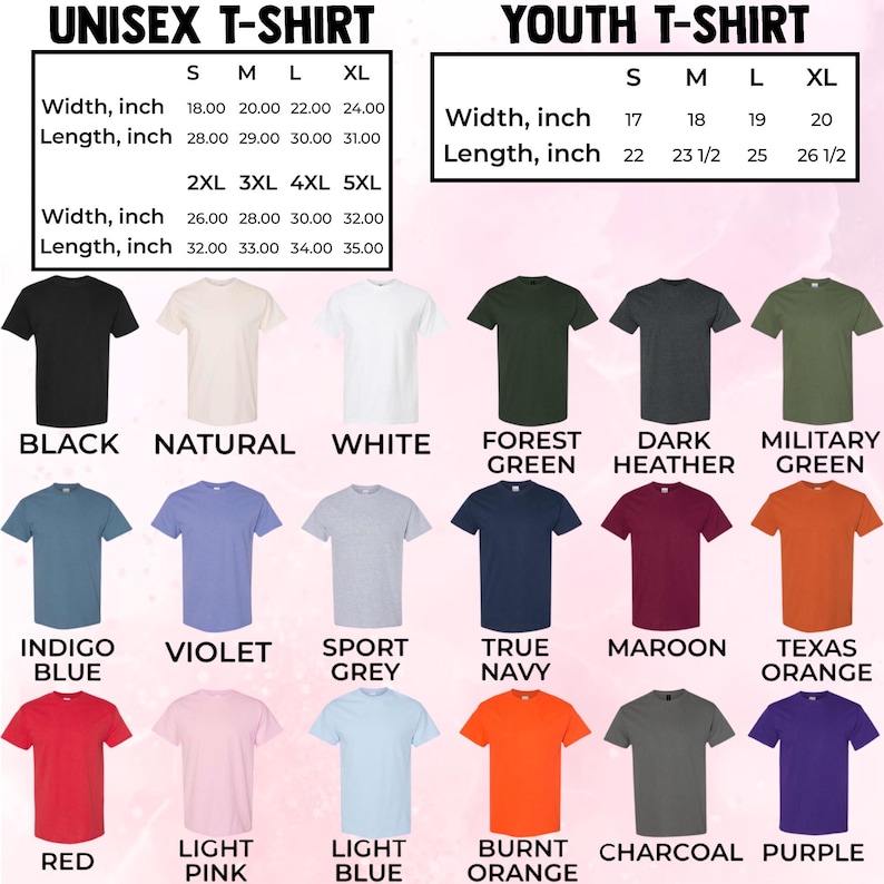 Puede incluir: Imagen de camisetas unisex y juveniles en varios colores, como negro, blanco y azul. La imagen incluye tablas de tallas con medidas en pulgadas para tallas unisex y juveniles. Las camisetas se muestran en formato de cuadr&iacute;cula.