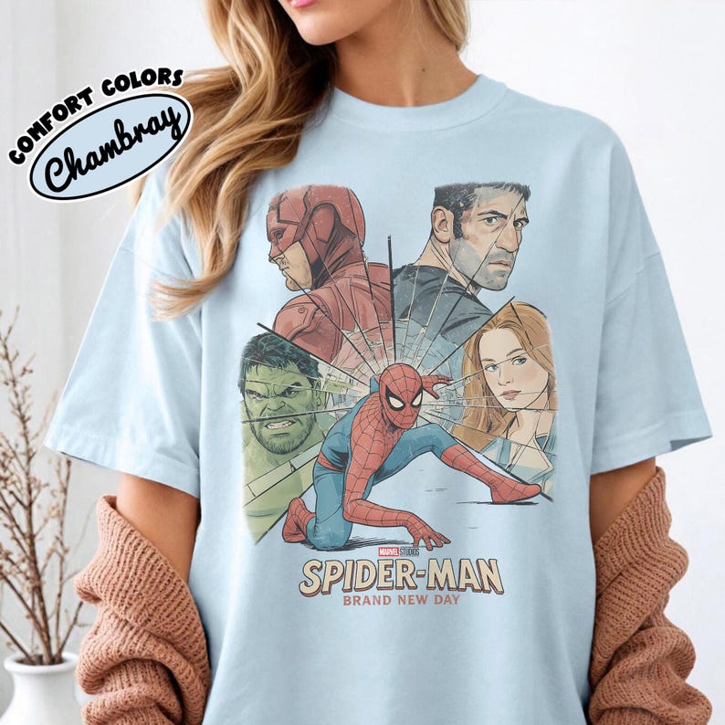 Retro Spider-Man Brand New Day Comfort Color Shirt, Vintage Tom Holland MCU Avengers Tee, Marvel Comic Superhero Fan Gift, Brand New Day tee Chambray/Light Blue