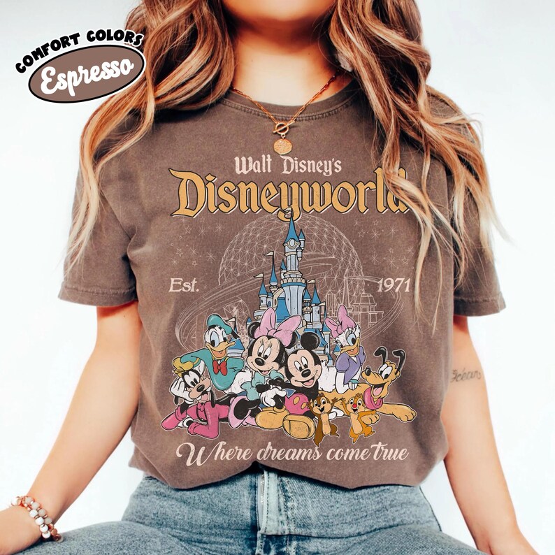 Comfort Colors® Retro Mickey And Friends Disneyworld Shirt, Disneyworld Est 1971 Shirt, Disney Family Vacation 2026 Tee, Walt Disney World Espresso/Chocolate