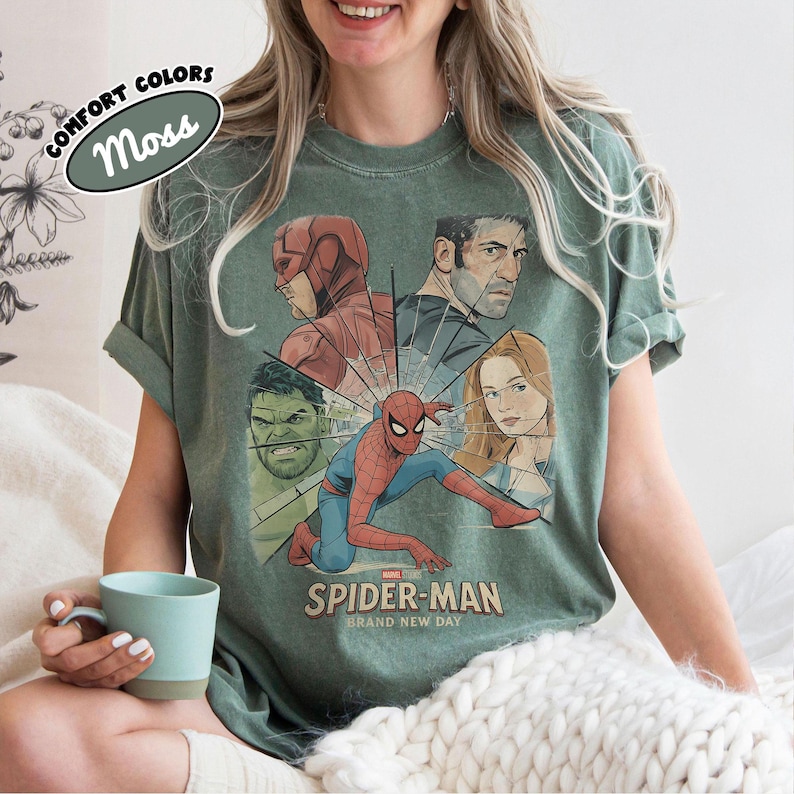 Retro Spider-Man Brand New Day Comfort Color Shirt, Vintage Tom Holland MCU Avengers Tee, Marvel Comic Superhero Fan Gift, Brand New Day tee Moss/Military Green