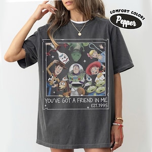 May include: Dark gray t-shirt featuring a colorful graphic of characters from the animated film "Toy Story." The design includes Woody, Buzz Lightyear, and other characters, with the text "YOU'VE GOT A FRIEND IN ME EST.1995" in a white frame. The shirt has a relaxed fit.