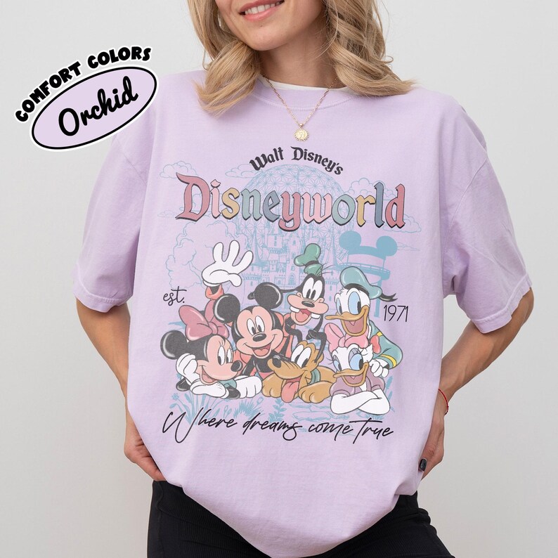 Vintage Comfort Colors Walt Disney World Est 1971-skjorta, Disney-tröja med familjesemester 2026, Disney-grupptröja, Retro Disneyworld-tröja Orchid