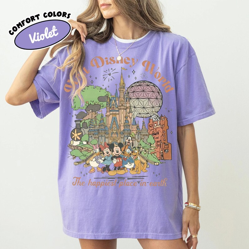 Comfort Colors Walt Disney World Retro Shirt, Mickey & Friends Tee with Mickey Balloon, Disney EPCOT 1982, Magic Kingdom Disney Vacation Tee Violet/Purple