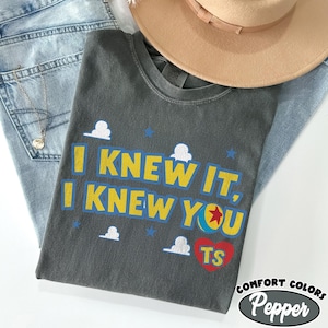 May include: A charcoal gray crew neck t-shirt featuring the yellow text I KNEW IT, I KNEW YOU with a colorful ball graphic, small white cloud icons, blue stars, and a red heart containing the yellow letters TS printed on the front.